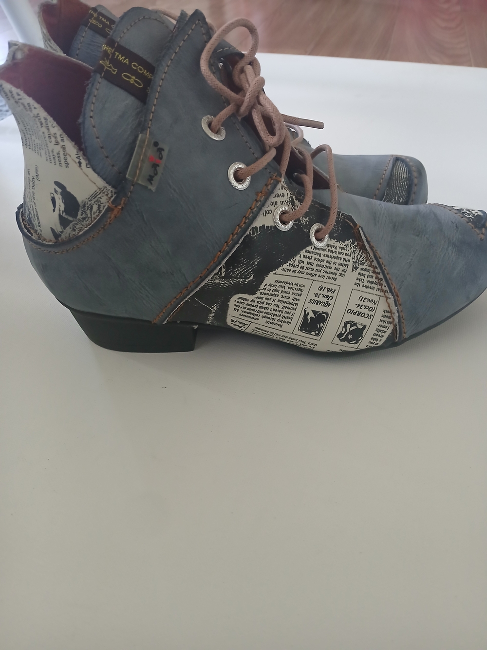 Women's Gray Lace-Up Ankle Booties with Newspaper-Print Accent